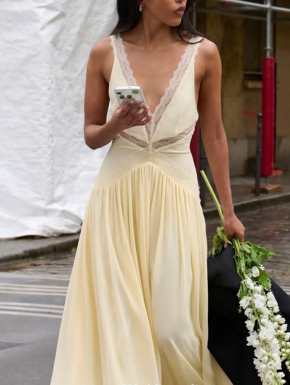 NWT Elegant H&M Butter Yellow Lace-Inset V-Neck Chiffon Maxi Dress S
